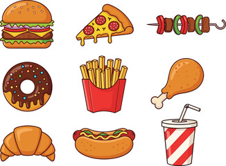 Fast food cartoon vector illustration, burger pizza fries hotdog donut soda clipart, junk food design, street food icons, tasty meal artwork