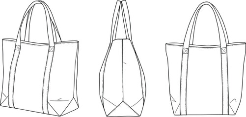 Tote bag technical flat sketch, vector CAD drawing, handbag fashion template, side and front view bag illustration