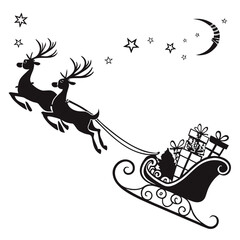 Elegant Black and White Christmas Reindeer Sleigh Silhouette with Gifts, Stars, and Moon; Festive Holiday Design