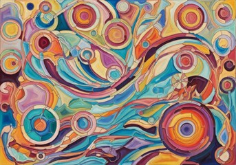 Fototapeta premium Vibrant Hues Abstract Art - An abstract painting depicting swirling colors, circular forms, and flowing lines, symbolizing energy, fluidity, harmony, creativity, and interconnectedness