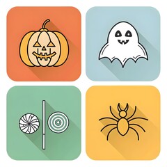  Collection of Halloween themed flat icons including carved pumpkin, spooky ghost, spider, and sweet treats in square frames