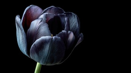 Close Up Of A Single Dark Blue And Black Tulip With Water Droplets Against A Dark Background Detailed Macro Photography Of A Velvet Textured Flower