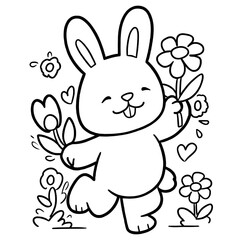 Black, white line art depicts a rabbit with flowers. Outlines create a minimal, cartoon effect for coloring books, holiday greetings, or print designs.