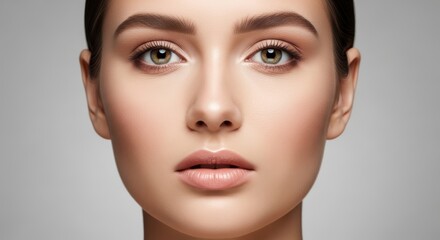 Fototapeta premium Close-up portrait of a young caucasian female with natural makeup on neutral background