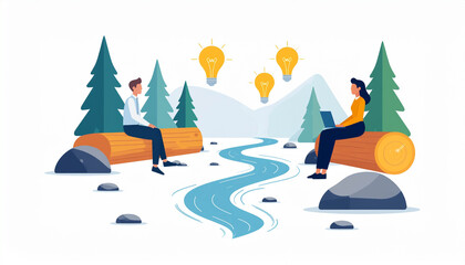Fototapeta premium A team of people in a natural landscape with a river, symbolizing flow, journey, and a sustainable business path.
