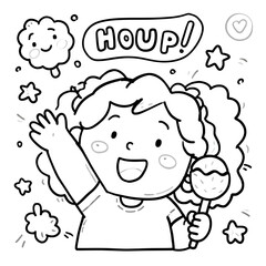 Black and white illustration features outlined cartoon character, stars, and clouds. Great for t-shirt designs, children's books, and party invitations.