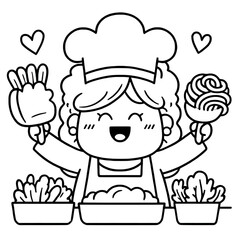 White outline of a chef holding food with hearts, minimal style creates design for food branding, restaurant promotion.