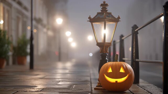 Foggy Halloween Night Spooky Street Scene with Glowing Jack o Lanterns and Vintage Lamp Posts Creating Charming Atmosphere