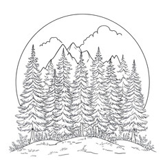 Fototapeta premium Black, White Graphic depicts line drawing of trees and mountain range inside a circle. Perfect for branding, t-shirt design, social media, or website backgrounds.