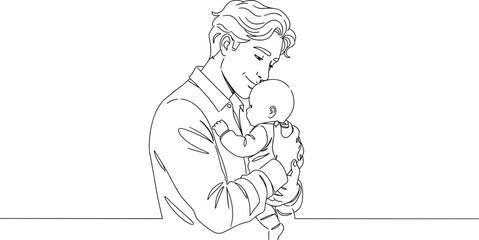 Father holding baby line art, parent and child drawing, dad and newborn illustration, family love sketch, minimalist parenting artwork