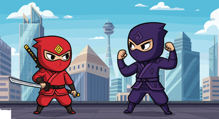 Chibi ninja characters fighting, cute cartoon ninja warriors, samurai sword battle illustration, anime style ninja artwork, red vs purple ninja showdown