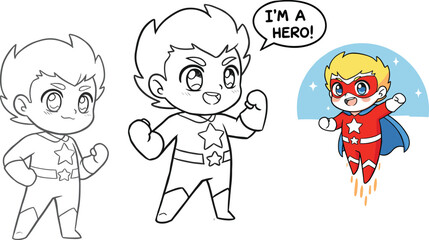 Cute chibi superhero character, cartoon hero with cape, kawaii superhero coloring pages, anime style hero illustrations for kids, superhero artwork