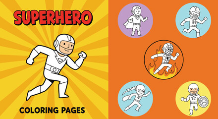Superhero coloring pages for kids, fun printable cartoon heroes, comic characters line art, superhero activity book illustrations for children