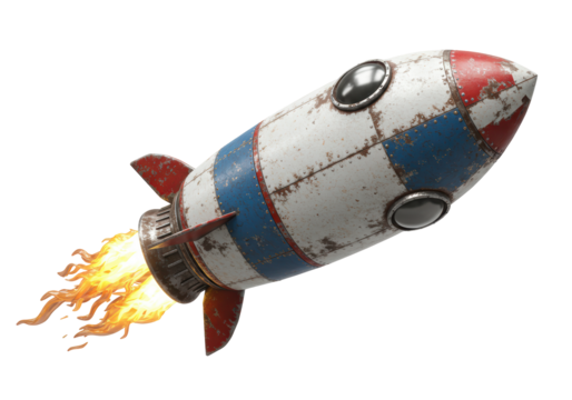 Isolated Vintage Retro Rocket Ship with Flames Taking Off