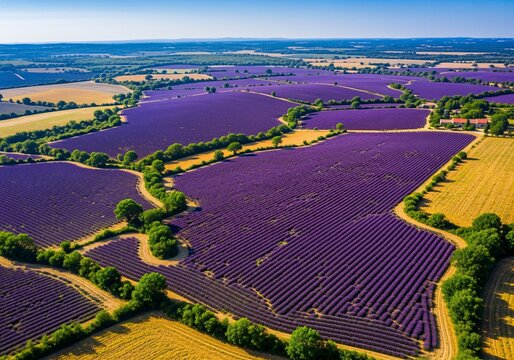 Stunning aerial view of vibrant purple lavender fields stretching across a rural, patchwork landscape under a clear blue sky.