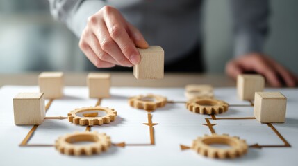 Elegant photo of concept depicting business process management and automation, with a person moving wooden pieces on a flowchart diagram to improve productivity and efficiency.