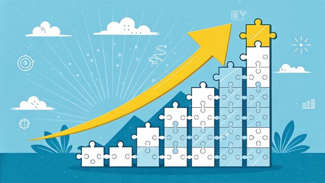 Creative illustration of puzzle pieces forming a bar graph with an upward arrow, representing business growth, success, and achievement, with a blue background and cloud elements