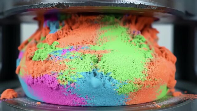Powerful Hydraulic Press Crushes a Vibrant, Multi-colored Kinetic Sand Sculpture.