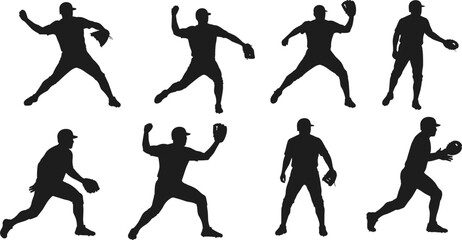Baseball pitcher silhouette set, athlete throwing ball in different poses, vector illustration for sports, competition, training, recreation, and athletic design