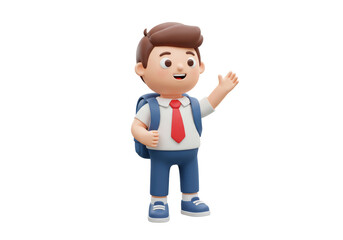 Isolated 3D Render of a Cheerful School Boy Waving Hello with a Backpack, Back to School Concept