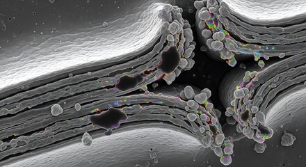 Detailed scanning electron micrograph showing the intricate layered structure of a myelin sheath at a Node of Ranvier on a nerve axon.