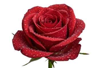Perfectly formed vibrant red rose with glistening dew drops, ultra sharp focus against a transparent, shadow-less studio background, soft diffused lighting. Concept of perfection