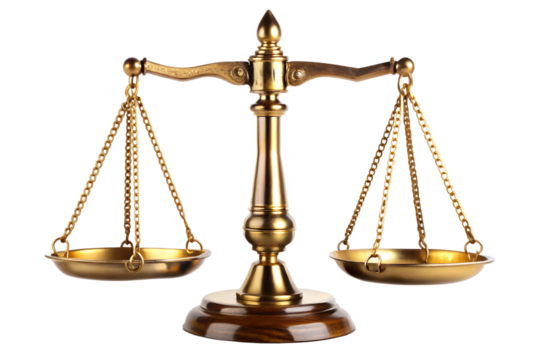 Antique golden balance scale isolated on transparent background, symbolizing justice, law, and equilibrium in a classic design