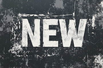 "NEW" Bold White Text on Textured Grungy Dark Background, Abstract Design.