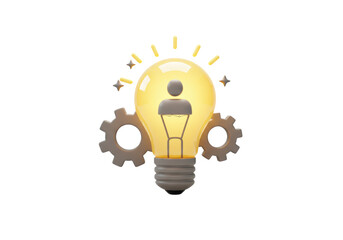 Isolated 3D Render of a Glowing Yellow Lightbulb with a Person Icon and Gears Representing Brilliant Innovation