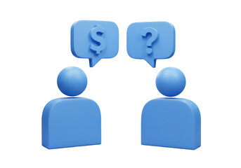 Isolated 3D Render of Two Blue Figures with Speech Bubbles, One with a Dollar Sign and One with a Question Mark, Representing Financial Discussion or Consulting