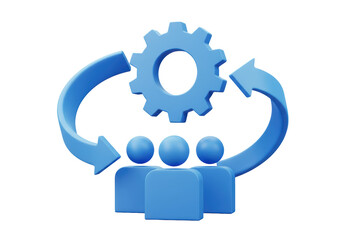 Isolated 3D Render of Three Blue Figures in a Circular Process with a Gear, Representing Teamwork and Workflow