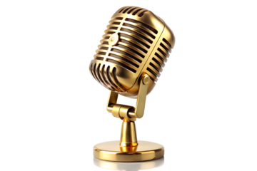 Golden vintage microphone isolated on transparent background, a classic symbol of music, broadcasting, and vocal performance with a touch of nostalgia