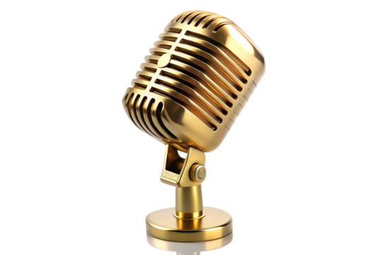 Golden retro microphone isolated on transparent background, a vintage audio equipment for music recording, broadcasting, and stage performance