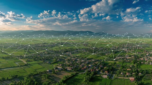 Elegant photo of aerial View of Rural Landscape with Network Overlay, Connecting Communities through Digital Technology and Sustainable Infrastructure Development for a Smart.