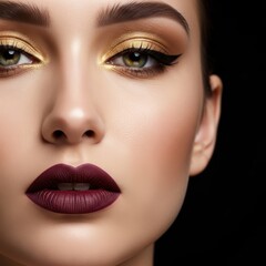Naklejka premium Young caucasian female with glamorous makeup and bold lipstick on black background