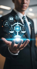 Man in suit holding digital scales of justice with AI chip and media icons artificial intelligence