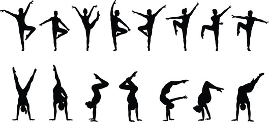 Dance and gymnastics silhouette set with ballet poses, acrobatics, handstands, yoga balance, fitness exercise, performance art vector illustration