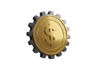 Isolated Golden Dollar Coin with Cogwheel Gears, Financial Mechanism