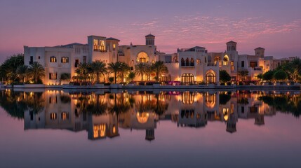 Obraz premium Elegant photo of architectural splendor illuminated against the serene twilight sky reflecting elegantly on the water, capturing peaceful atmosphere and unique design.