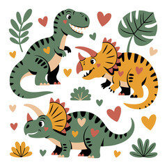 Cute cartoon dinosaurs with hearts and plants isolated on white background vector illustration