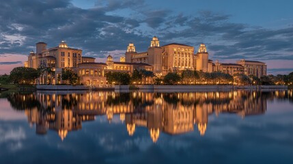 Obraz premium Elegant photo of architectural splendor illuminated against the serene twilight sky reflecting elegantly on the water, capturing peaceful atmosphere and unique design.