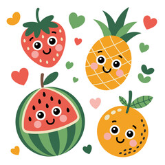 Cute Cartoon Fruit Characters – Strawberry, Pineapple, Watermelon, and Orange with Hearts