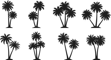 Collection of palm tree silhouettes, tropical island vector icons, coconut trees illustration, beach summer symbols, exotic jungle nature design