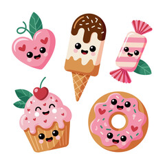 Cute Cartoon Pastry Characters – Candy, Ice Cream, Cupcake, and Donut with Happy Faces