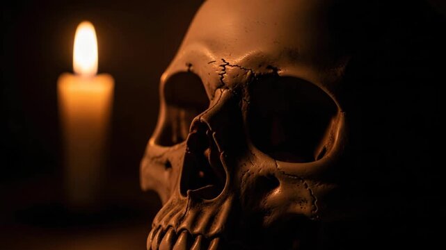 Creepy human skull lit by single candle in dark room, eerie Halloween decoration with dramatic shadows and sinister macabre atmosphere