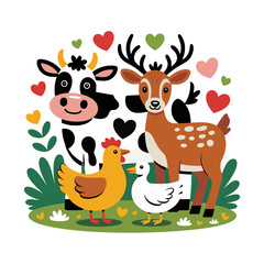 Whimsical Cartoon Farm Animals in Heart-Filled Meadow – Cow, Deer, Chicken, and Duck, Cute Children’s Book Style Illustration