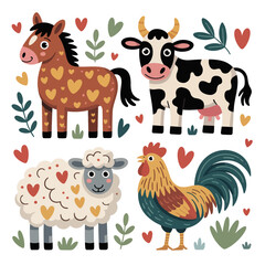 Cute Cartoon Farm Animals – Horse, Cow, Sheep, and Rooster with Hearts and Leaves, Whimsical Vector Illustration for Kids