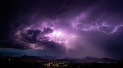 Dramatic purple lightning illuminating a stormy night sky, capturing raw natural energy.