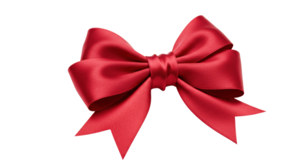 A vibrant, meticulously tied deep red satin bow with elegant tails, glossy and luxurious, isolated on a transparent background with subtle shadow, concept of luxury and exclusive value