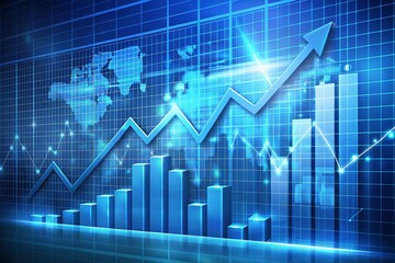 Fototapeta premium Blue growth graph business chart data diagram on success financial presentation background with abstract up arrow bar symbol or finance marketing price statistic and economy market profit investment